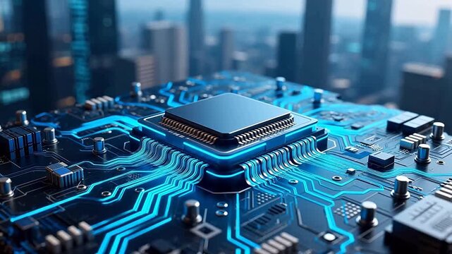 BlueCircuitBoardwithBlackChiponCitySkyline