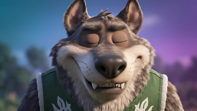 Animated wolf character in green vest