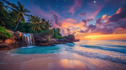A serene tropical beach at sunset with a waterfall and palm trees