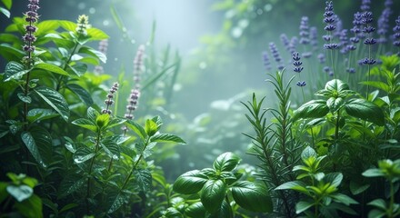 Naklejka premium Serene garden scene with lush greenery and purple blooms