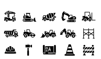 Industrial Construction Solid Glyph Icons – Heavy Machinery, Trucks, Cranes, and Building Equipment © vector design 