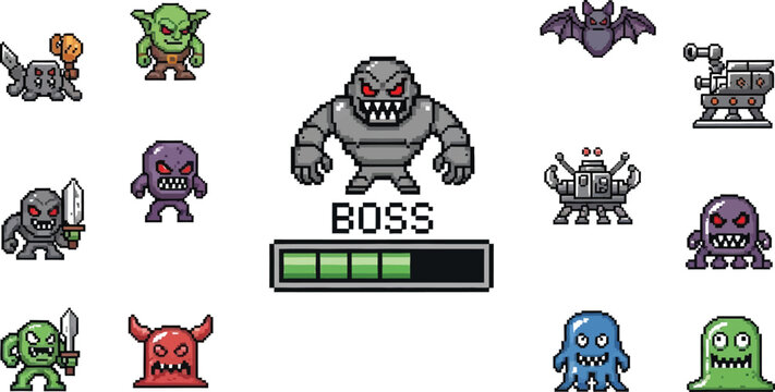 Collection of various menacing pixel art video game monsters and enemy sprites surrounding a central imposing rock boss character with a health bar display