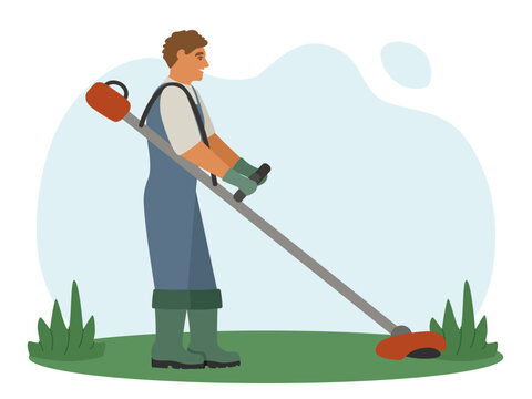 Young man mowing a lawn with a trimmer. Vector illustration on a gardening theme.