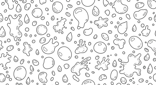 Water droplets seamless pattern with liquid splash and bubble shapes line art vector illustrationWater droplets seamless pattern with liquid splash and bubble shapes line art vector illustration