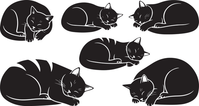 Black cats in various sleeping positions illustration set