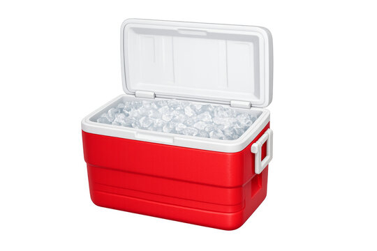 Red cooler ice chest filled with ice cubes