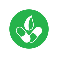 Vegetarian capsules icon with pills and plant, vegan, healthy and natural