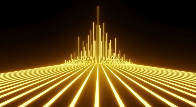 Dynamic digital landscape of radiant golden lines converging into an abstract architectural formation, symbolizing data flow, futuristic cityscapes, and advanced technological networks