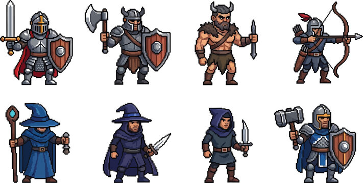 Collection of eight distinct pixel art fantasy characters including armored knights archers barbarians wizards and stealthy rogues ready for adventure