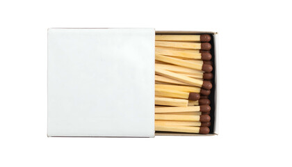A close-up, high-angle shot of a partially opened rectangular box overflowing with wooden matches, set against a black background
