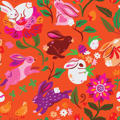 Folk Garden Easter Bunnies isolated on orange seamless pattern