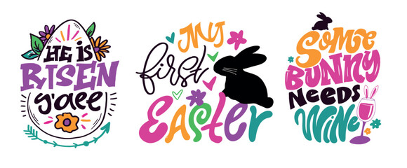 Fototapeta premium Happy Easter - hand drawn doodle lettering art. Sticker set. Mug print. Egg hunting.Vector illustration. Templates for banners, posters, greeting postcards.