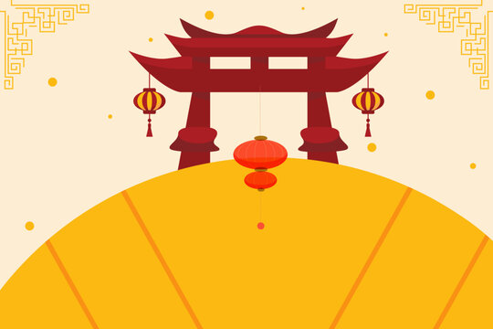 Flat Vector Illustration Traditional Chinese Gate with Lanterns and Golden Ornament Background