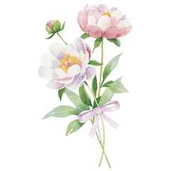 Fototapeta premium Watercolor pastel peony bouquet with ribbon on white