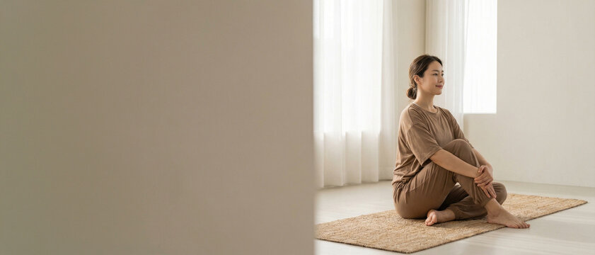 Woman practicing gentle seated stretch at home in minimalist space with soft daylight. Calm wellness routine, mindfulness, flexibility and relaxed lifestyle concept with copy space.