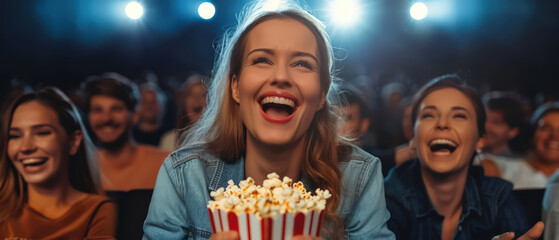 Fototapeta premium Young woman bursts into laughter while watching a comedy in a packed cinema, enjoying popcorn under dramatic theater lighting.