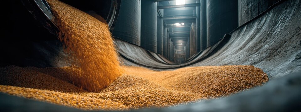Grains flow from a grain elevator into a storage area during a harvesting season at a farming facility
