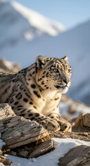 Fototapeta premium A majestic snow leopard rests on sunlit rocks in a snowy mountain landscape, its gaze fixed on the horizon.