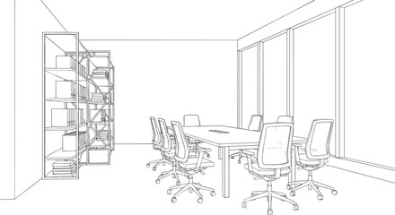 Modern conference room interior with meeting table, office chairs, bookshelf and large window line art vector illustration © MdRissalat