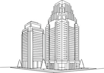 Obraz premium Modern corporate skyscraper office building exterior perspective line art vector illustrationModern corporate skyscraper office building exterior perspective line art vector illustration