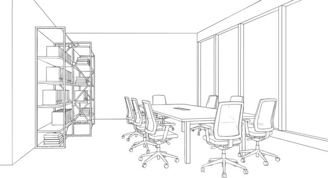 Modern conference room interior with meeting table, office chairs, bookshelf and large window line art vector illustration