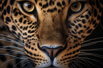 Fototapeta premium Leopard face showing intricate details of fur, spots, whiskers, and intense golden eyes