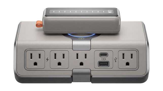 Cordless surge protector with detachable power bank and USB charging.