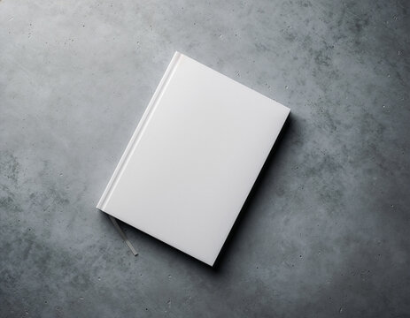 Minimalist white book cover mockup on gray concrete surface with dramatic shadows