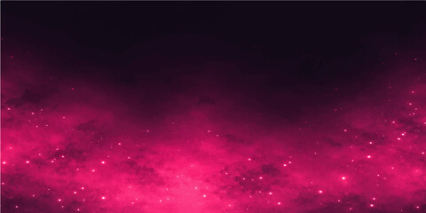 An abstract red galaxy nebula glows with dark night sky stars and glowing pink particles in a cosmic universe design illustration © FANUSH