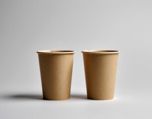 Brown paper coffee cup mockup set on gray background with studio lighting