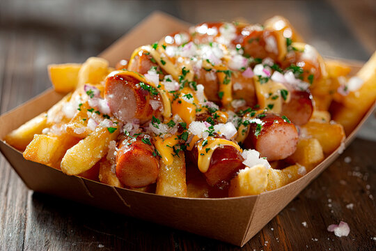 Traditional peruvian salchipapas with sauces om wooden table