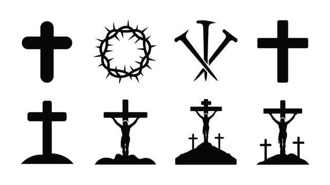 Collection of christian crosses and crucifixion symbols in black silhouette on white background for easter or lent