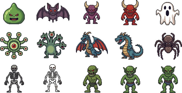 Collection of various pixel art fantasy role playing game monsters including slime bat demon ghost hydra dragon skeleton and goblin characters