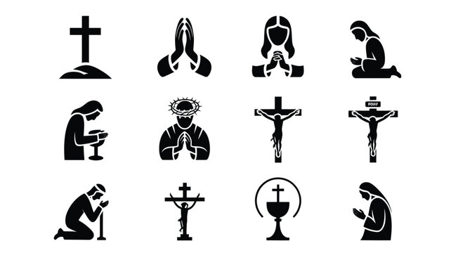 Collection of 12 minimalist black vector christian icons and symbols including crosses praying figures and chalices on white background for design and religious themes