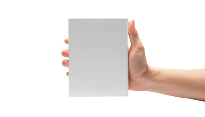 Fototapeta premium Hand holding a blank rectangular white box with a matte finish, isolated on white background