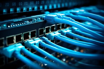 Blue ethernet cables plugged into a data center network switch