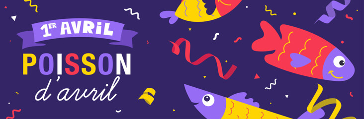 Obraz premium Bannière horizontale violette pour le Poisson d’avril avec poissons illustrés et confettis. Idéale pour réseaux sociaux, site web et communication événementielle du 1er avril.