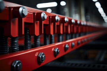 Red industrial equipment highlighting precision engineering and automated manufacturing