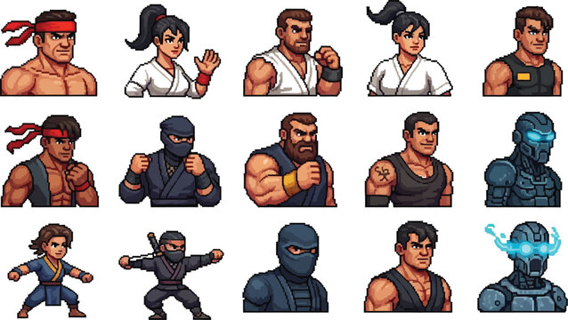 Collection of diverse pixel art fighting game portraits featuring various martial artists ninjas and futuristic robotic characters ready for action