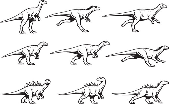 Dryosaurus Dinosaur Line Art Bundle High-Contrast Vector Icons