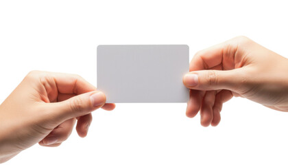 Obraz premium Two hands holding a blank rectangular white plastic card horizontally, isolated on white background