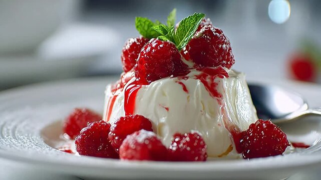 Dessert with cream raspberries and mint