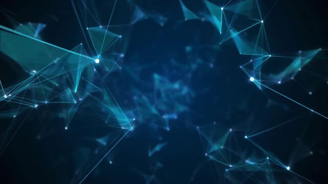 Abstract blue plexus network with glowing points and lines on a dark background, representing data connections or digital technology.