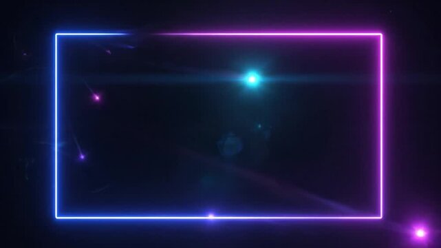 Glowing Neon Rectangle Frame with Abstract Particles and Lens Flare Effect on Dark Background