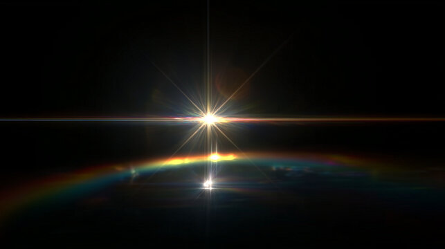 Bright Sunburst with Faint Rainbow Lens Flare and Spectral Ghosting on Black Background. Optical Light Dispersion Effect for Cinematic Photography Overlay
