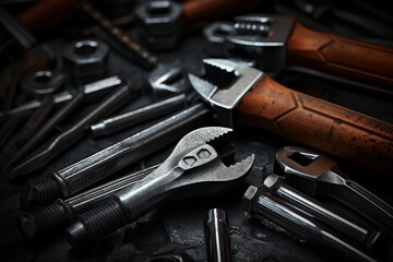 Metal wrenches, bolts, and nuts laid out forming a heavy industry background