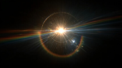Bright Sunburst with Faint Rainbow Lens Flare and Spectral Ghosting on Black Background. Optical Light Dispersion Effect for Cinematic Photography Overlay