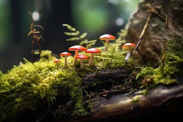 Obraz premium Small red mushrooms thriving on green moss covering a decaying log in a forest