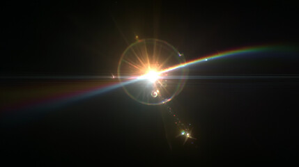 Bright Sunburst with Faint Rainbow Lens Flare and Spectral Ghosting on Black Background. Optical Light Dispersion Effect for Cinematic Photography Overlay