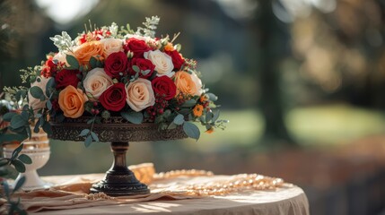 A vibrant floral arrangement on a vintage pedestal in a garden setting